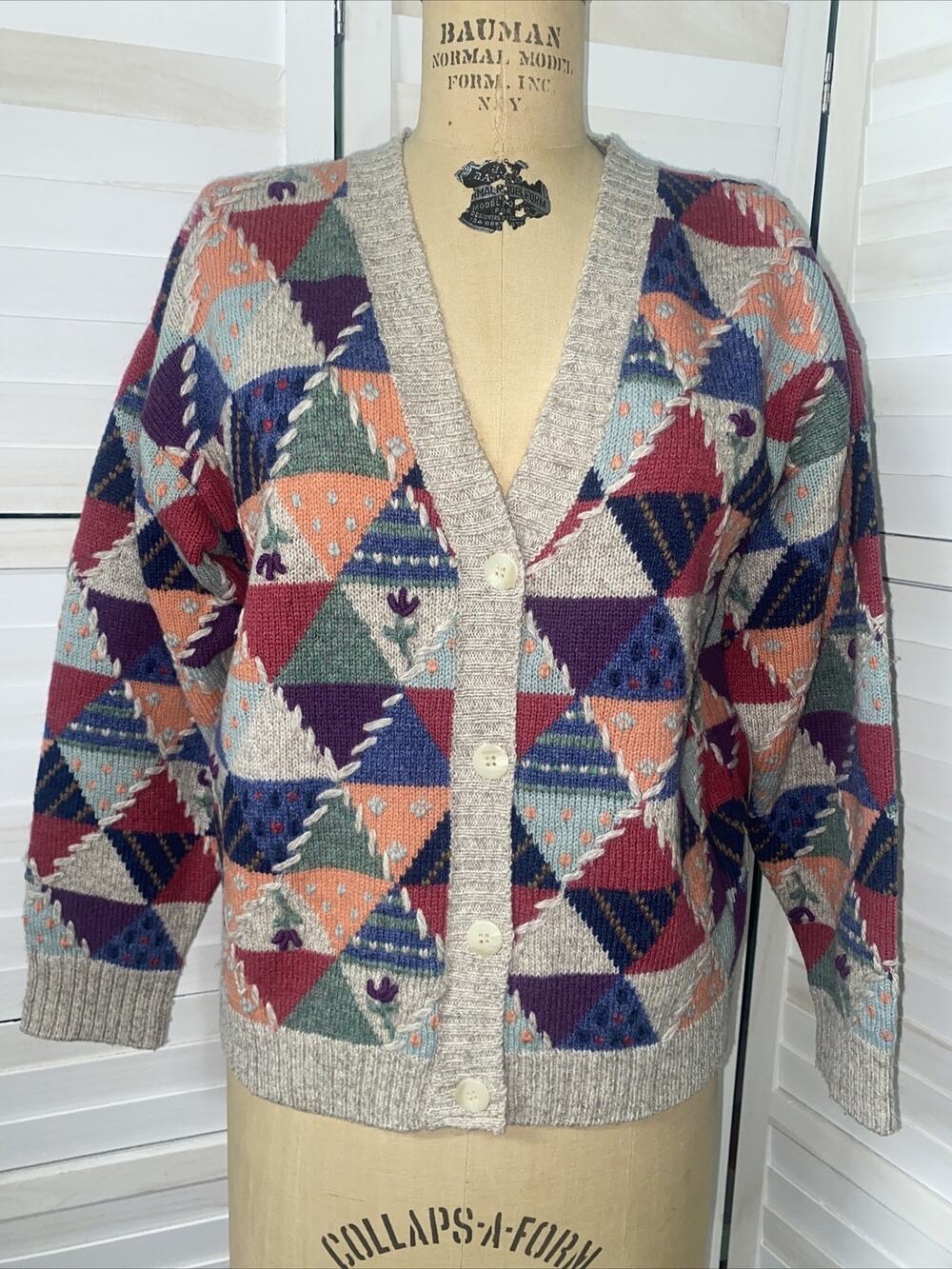 VTG 90s Eddie Bauer Wool Blend Geometric Patchwork Cardigan Sweater Sz Small